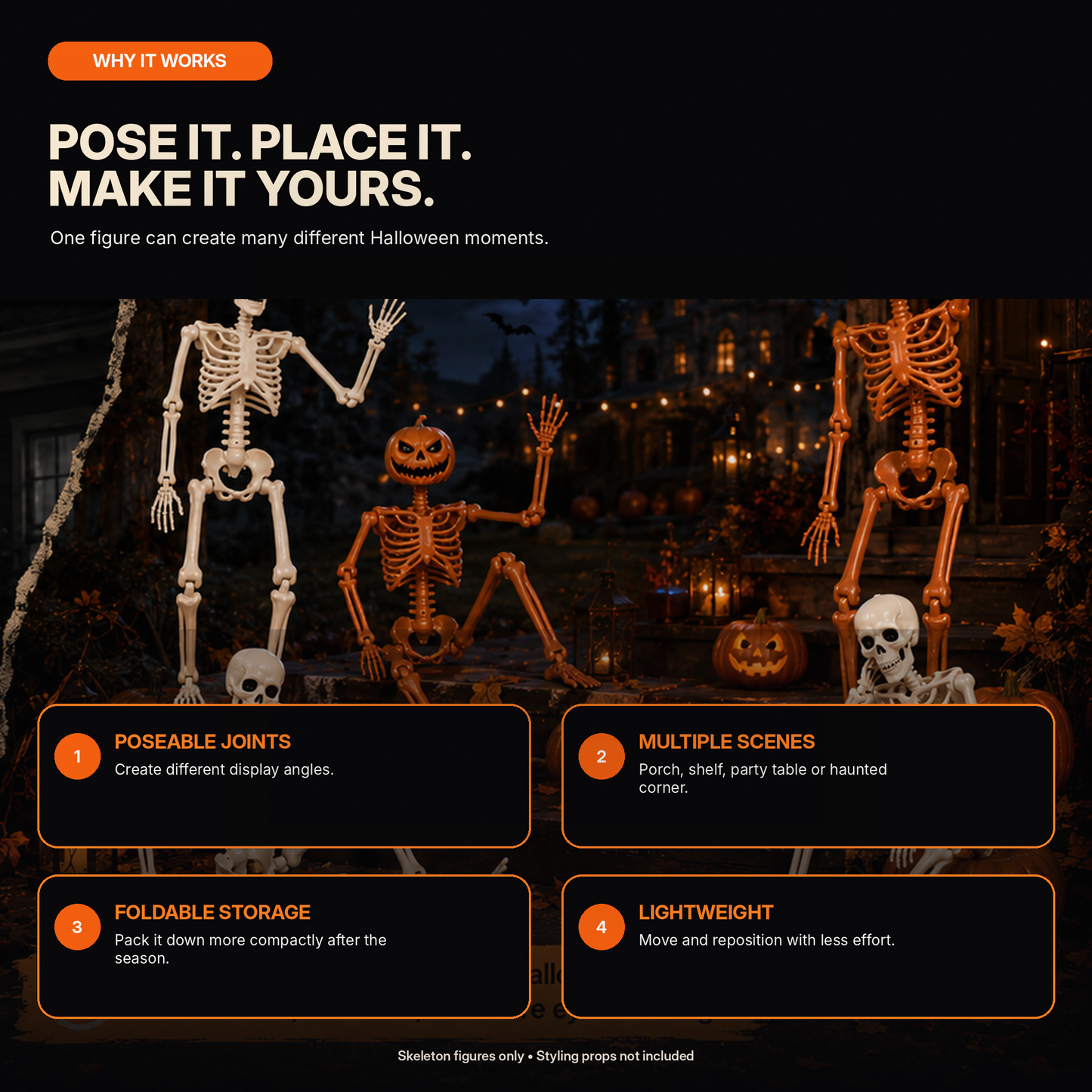 Poseable Halloween Skeleton Figures – Skeleton & Pumpkin-Head Styles
