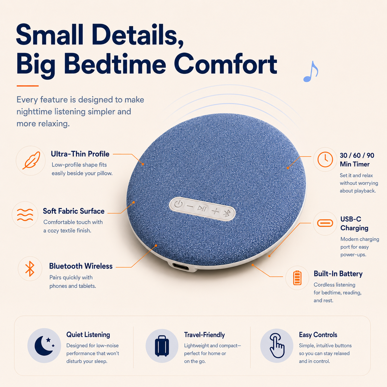 Ultra-Thin Bluetooth Pillow Speaker with White Noise & Sleep Timer