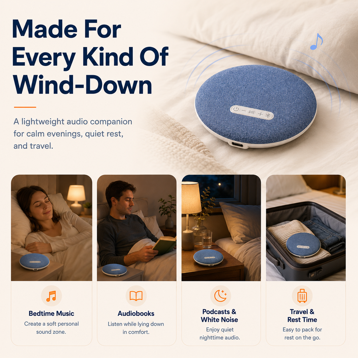 Ultra-Thin Bluetooth Pillow Speaker with White Noise & Sleep Timer