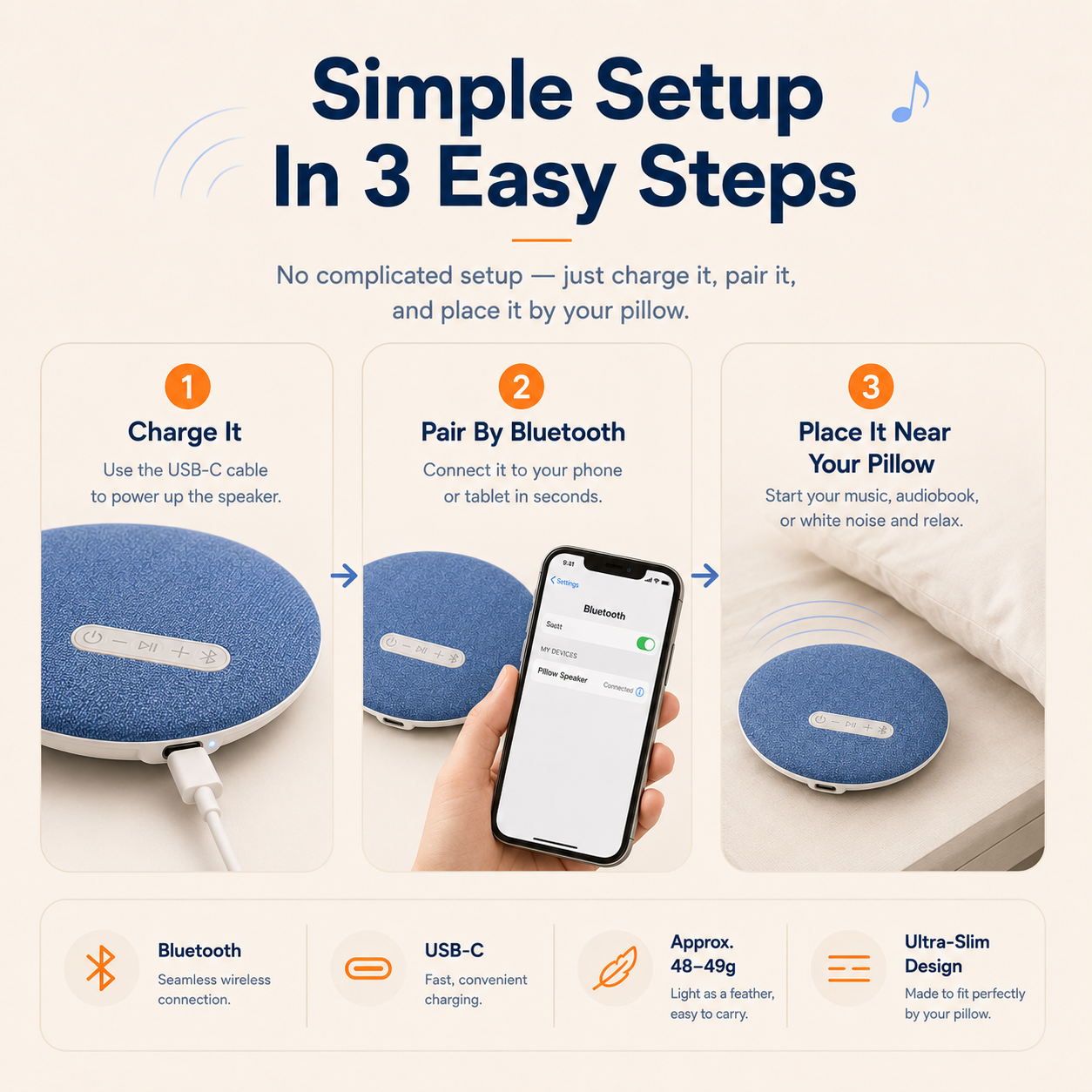 Ultra-Thin Bluetooth Pillow Speaker with White Noise & Sleep Timer